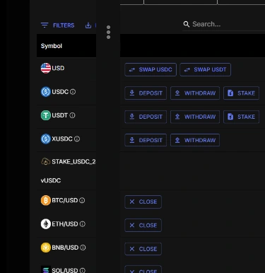 Privacy-safe excerpt of the Quote.Trade Positions table showing symbols and account action buttons